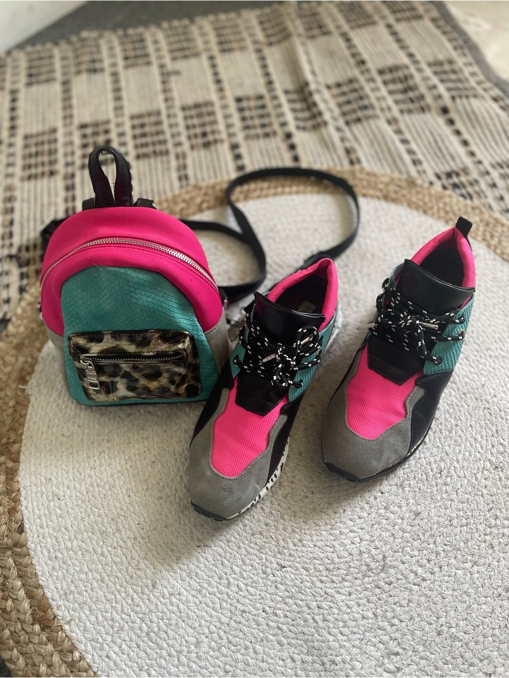 Steve Madden Pink and Teal Colorblock Sneakers with Matching Mini Backpack